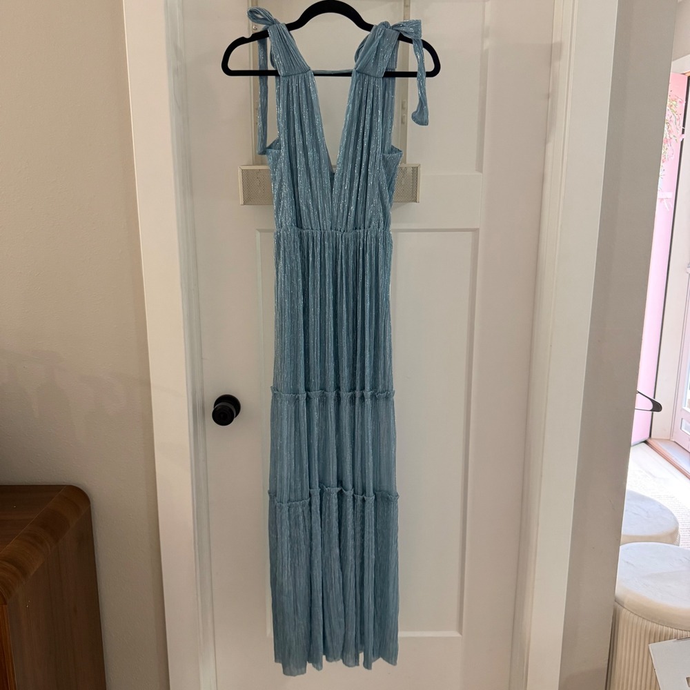 Sabina Musayev Helena Dress Light Blue Metallic Maxi Gown XS Tie Shoulder - Picture 3 of 6
